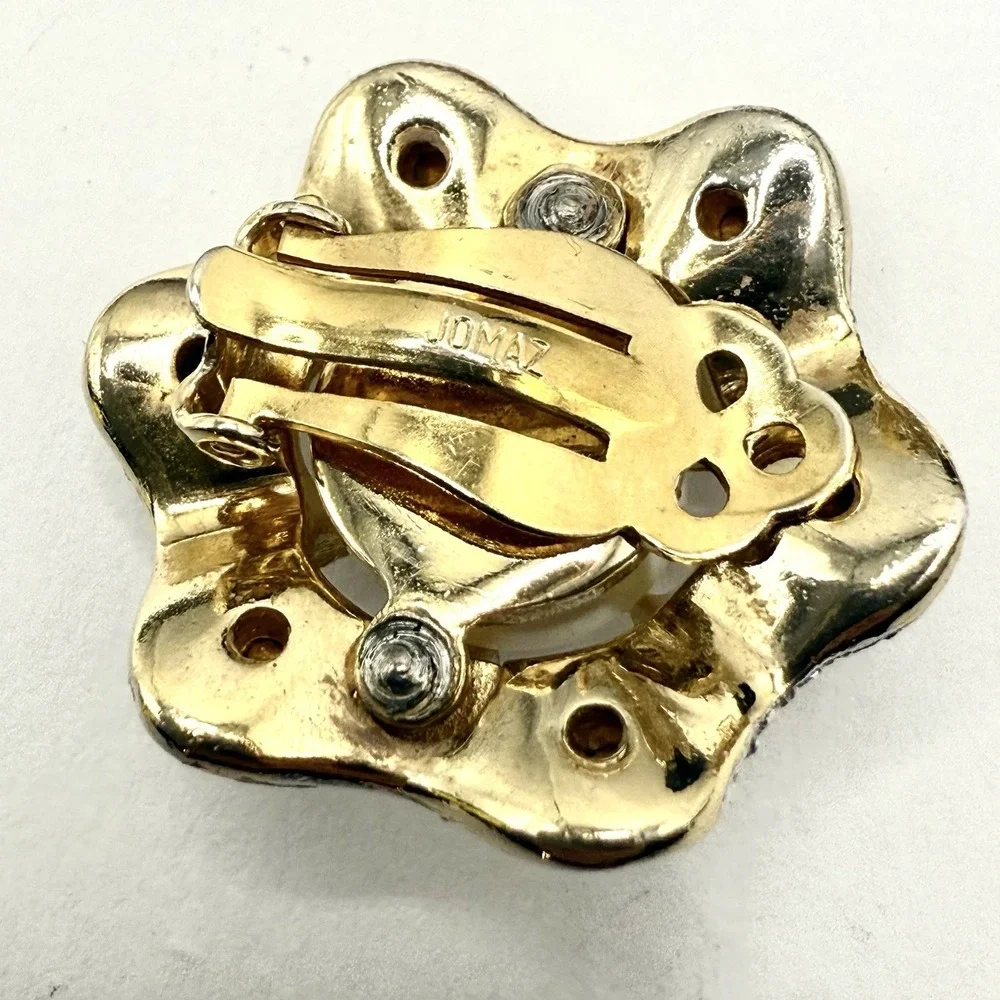 Rare Vintage Jomaz Brooch Earrings Set Gold Tone Crystal Faux Pearl Floral Clip